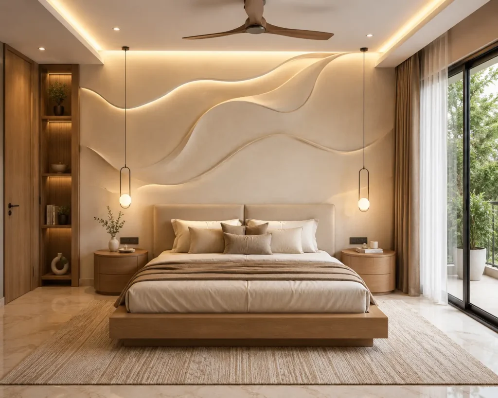 Modern Master Bedroom Design with Sculpted Feature Wall